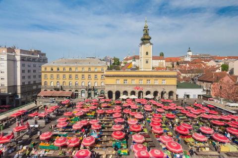 Travel: View of red umbrellas at Dolac fruit and vegetable market in the centre of Zagreb in Croatia.