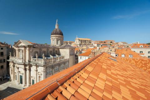 Travel: View of red rooftops of Dubrovnik overlooking the Roman Catholic Diocese, Croatia.